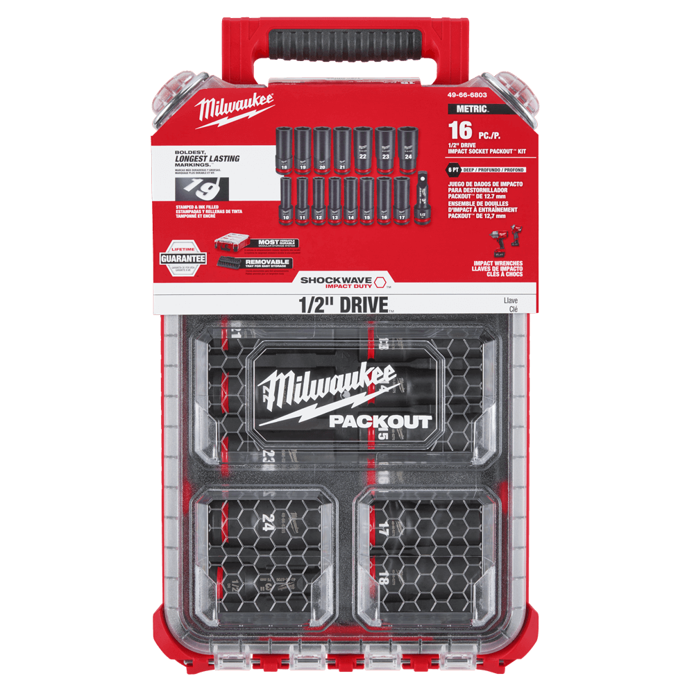 Milwaukee Shockwave 1/2 Inch Impact Socket Set – 16-Piece Long Sockets In Packout Organizer-1145328