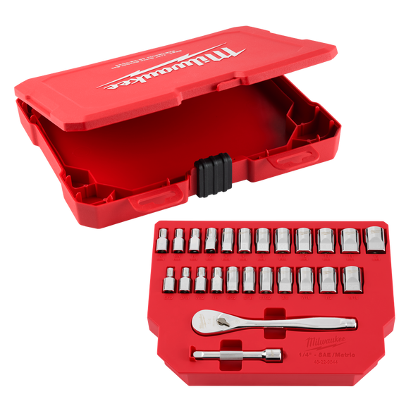 1/4" Drive 25pc Ratchet and Socket Set - SAE & Metric, , hi-res